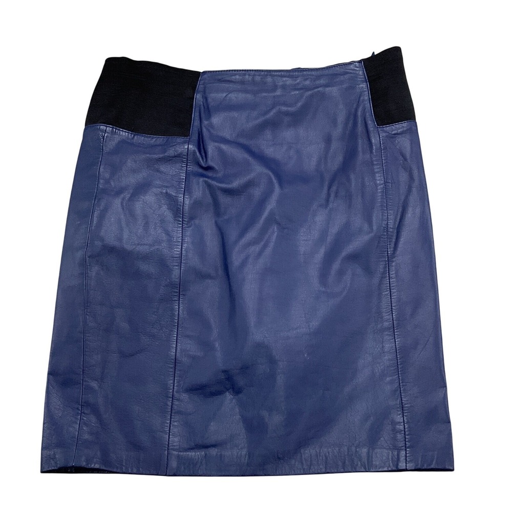 Pia Rucci Skirt Women 10 Blue Leather Black Elastic Waist Panel Stretch‎